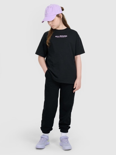 Dziewczęcy t-shirt z nadrukiem oversize 4F 4FJWAW25TTSHF2387 - czarny