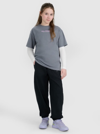 Dziewczęcy t-shirt z nadrukiem oversize 4F 4FJWAW25TTSHF2387 - szary