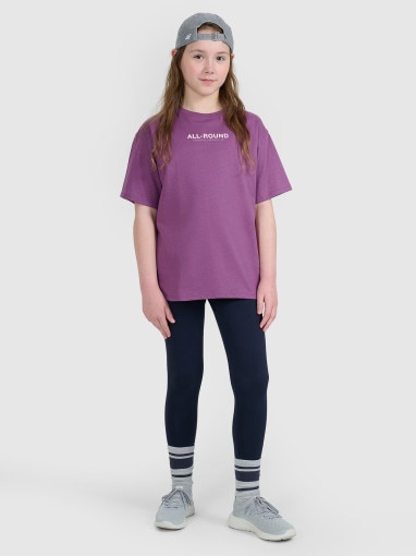 Dziewczęcy t-shirt z nadrukiem oversize 4F 4FJWAW25TTSHF2387 - fioletowy