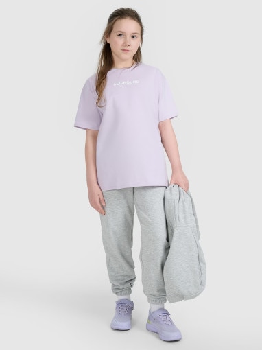 Dziewczęcy t-shirt z nadrukiem oversize 4F 4FJWAW25TTSHF2387 - fioletowy