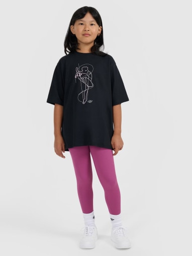 Dziewczęcy t-shirt oversize z nadrukiem 4F 4FJWAW25TTSHF2395 - czarny