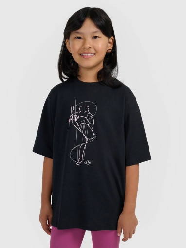  4F JUNIOR Dziewczęcy tshirt oversize z nadrukiem 4F 4FJWAW25TTSHF2395  czarny Czarny