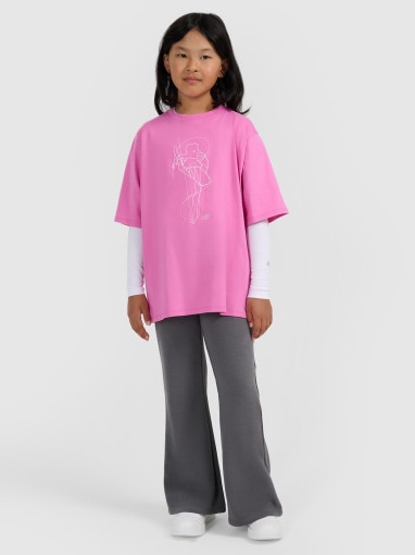 Dziewczęcy t-shirt oversize z nadrukiem 4F 4FJWAW25TTSHF2395 - różowy