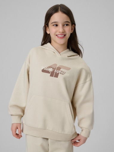 4F JUNIOR Dziewczęca bluza nierozpinana z kapturem 4F 4FJWSS26TSWSF2270 beżowa Beżowe