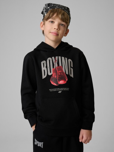  4F JUNIOR Chłopięca bluza dresowa nierozpinana z kapturem 4F 4FJRSS26TSWSM2904  czarna Czarny