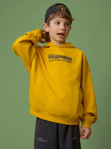  4F JUNIOR Chłopięca bluza nierozpinana z kapturem 4F 4FJRSS26TSWSM2826  żółta żółty