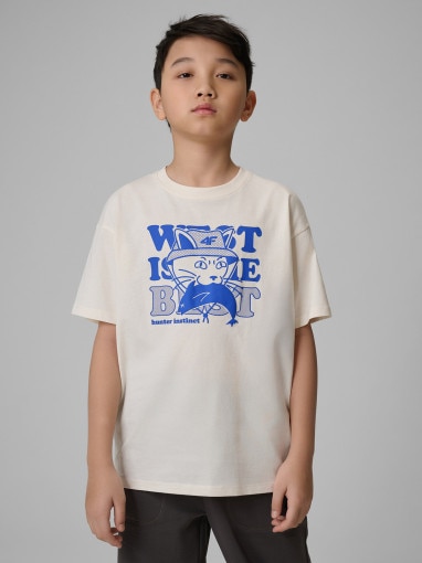  4F JUNIOR Chłopięcy tshirt z nadrukiem 4F 4FJWSS26TTSHM2814  biały Biały