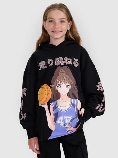  4F JUNIOR Dziewczęca bluza dresowa nierozpinana z kapturem 4F 4FJRAW25TSWSF2293  czarna Czarny
