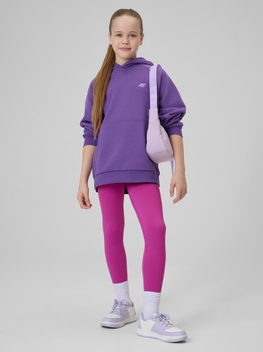  4F JUNIOR Dziewczęca bluza nierozpinana z kapturem 4F 4FJRSS26TSWSF3040  fioletowa Fioletowy