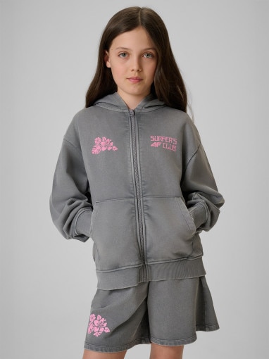  4F JUNIOR Dziewczęca bluza rozpinana z kapturem 4F 4FJRSS26TSWSF2971  szara Szary