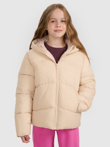  4F JUNIOR Dziewczęca kurtka puchowa pikowana 4F 4FJRAW25TDJAF0817  beżowa Beżowy