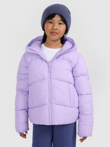  4F JUNIOR Dziewczęca kurtka puchowa pikowana 4F 4FJRAW25TDJAF0825  fioletowa Jasny fiolet