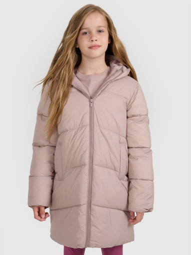  4F JUNIOR Dziewczęcy płaszcz puchowy pikowany 4F 4FJRAW25TDJAF0808  beżowy Brązowy