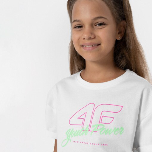 Dziewczęcy t-shirt z nadrukiem 4F 4FJAW22TTSHF659 - biały