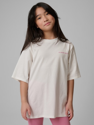  4F JUNIOR Dziewczęcy tshirt z nadrukiem 4F 4FJRSS26TTSHF3870  kremowy Kremowy