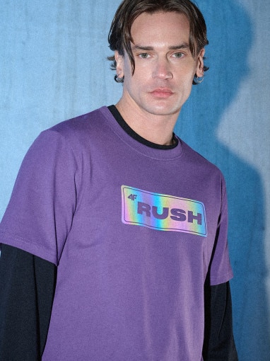  4F Męski tshirt z nadrukiem 4F 4FRSS26TTSHM3659  fioletowy Fioletowy