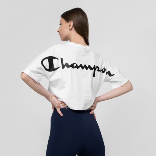 Damski t-shirt crop top z nadrukiem CHAMPION LEGACY Crewneck Croptop - biały