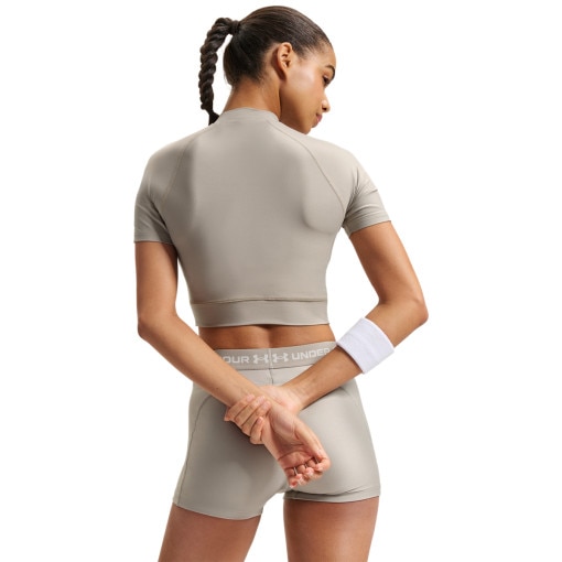 Damska koszulka treningowa Under Armour HeatGear Crop Mock SS - beżowa