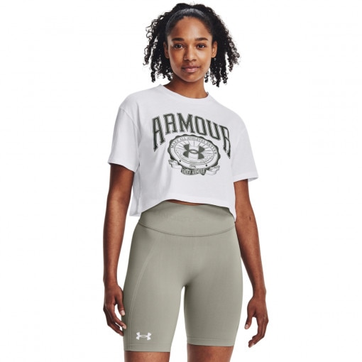 Damski t-shirt z nadrukiem Under Armour UA Collegiate Crest Crop SS - biały