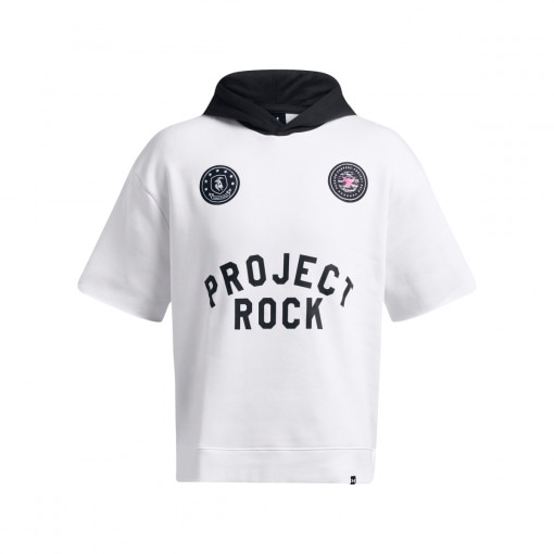 UNDER ARMOUR Męska koszulka treningowa z kapturem Under Armour Project Rock Icon Flc Ss Hdy Boh  biała  Biały