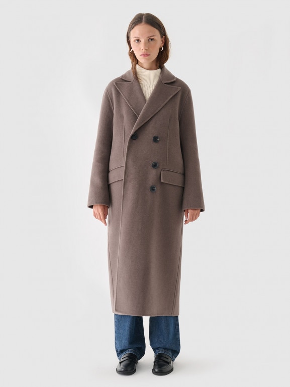 Damski płaszcz z wełną długi Outhorn OTHWAW24TCOUF014  - brązowy