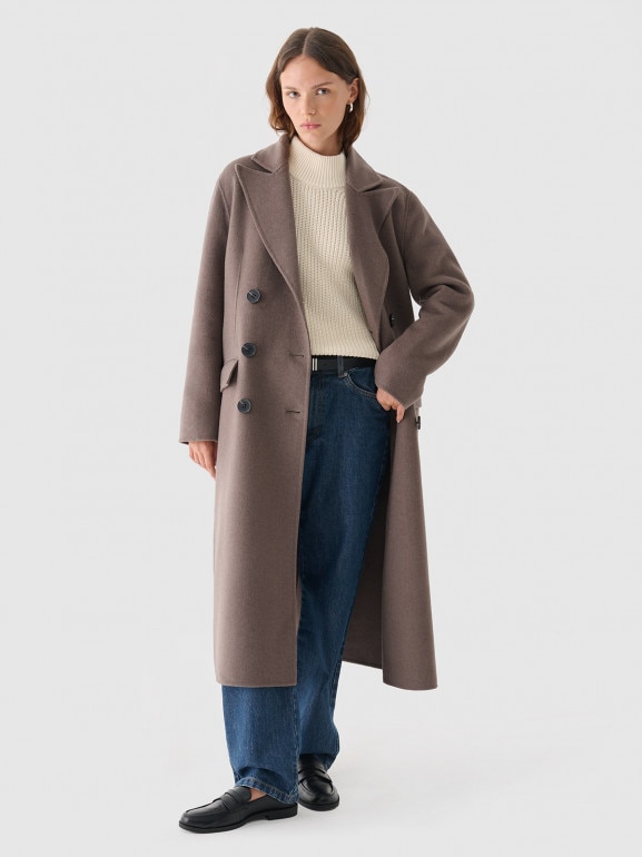 Damski płaszcz z wełną długi Outhorn OTHWAW24TCOUF014  - brązowy