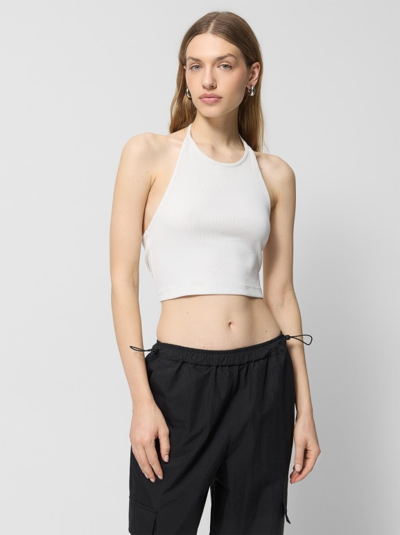 Damski top slim prążkowany Outhorn OTHWSS24TSLEF085 - biały