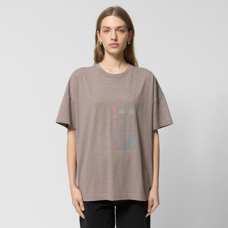 Damski t-shirt oversize z nadrukiem Outhorn OTHWSS24TTSHF1486 - brązowy