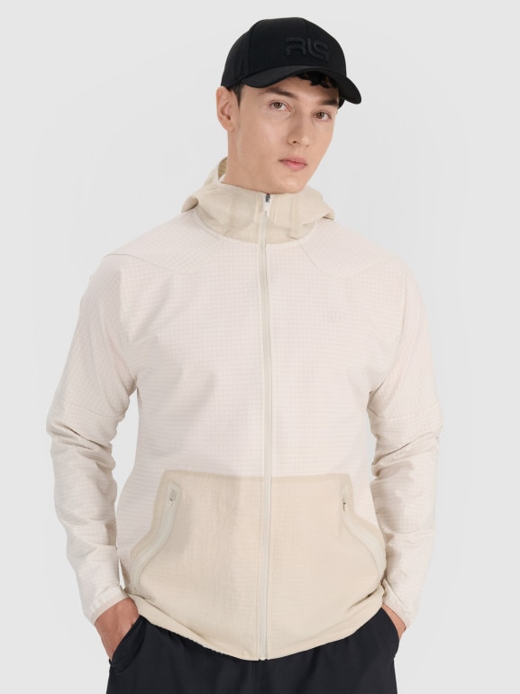 Męska bluza treningowa rozpinana z kapturem 4F x Robert Lewandowski RL9SSS25TFSWM615 - beżowa