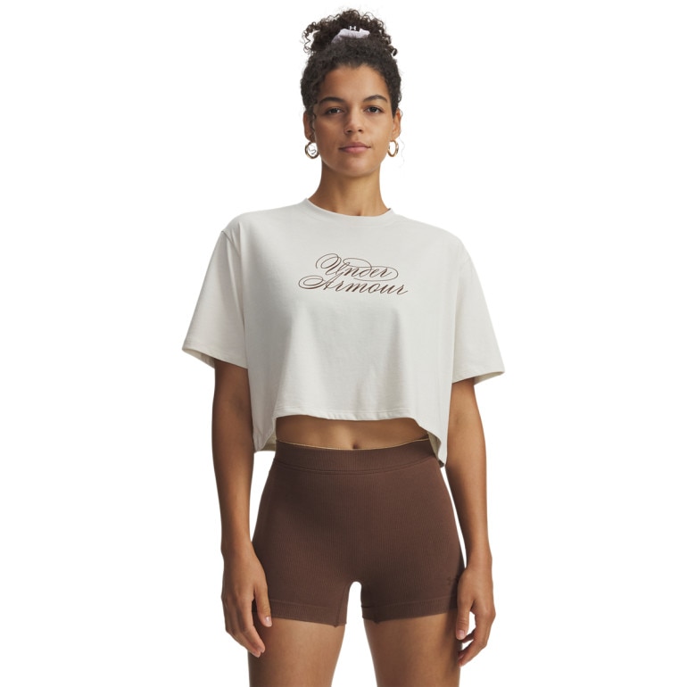 Damska koszulka z nadrukiem Under Armour UA W SCRIPTHEART CROP SS - biała