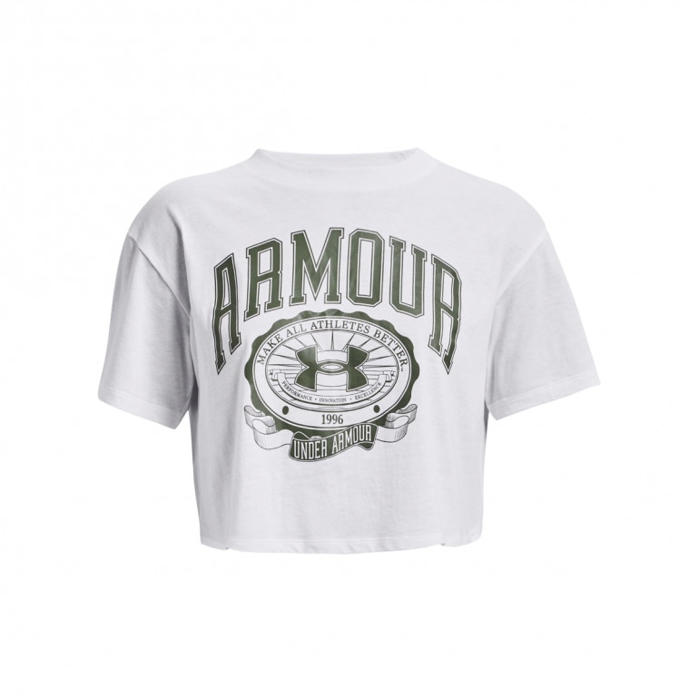 Damski t-shirt z nadrukiem Under Armour UA Collegiate Crest Crop SS - biały