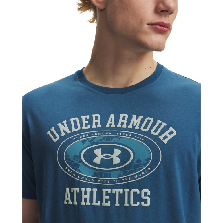 Męski t-shirt z nadrukiem Under Armour UA Armor Globe SS - niebieski