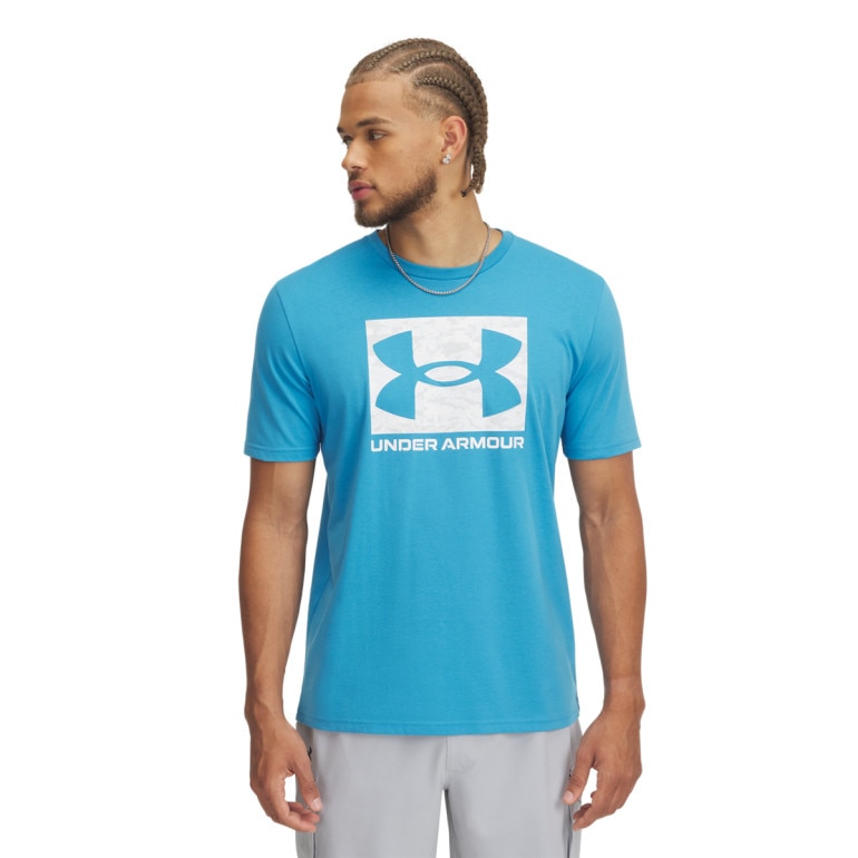 Męski t-shirt z nadrukiem Under Armour UA Abc Camo Boxed Logo Ss - niebieski